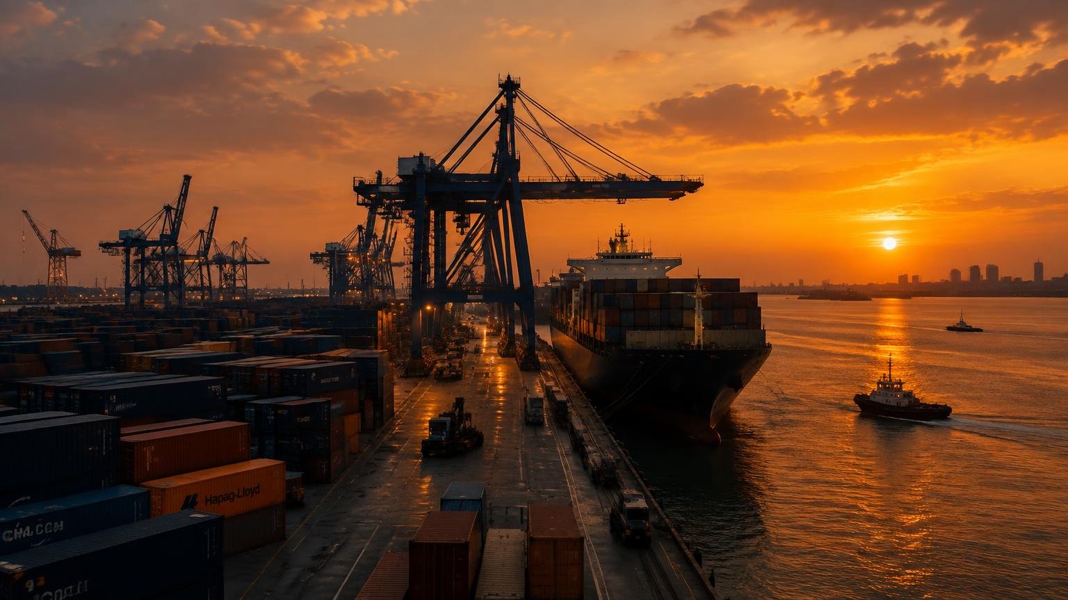 Port commercial au coucher du soleil